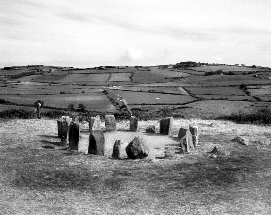 Christopher Harrington: Jumping the Drombeg stone circle, Co. Cork, 2004 , black-and-white photograph; courtesy the artist
